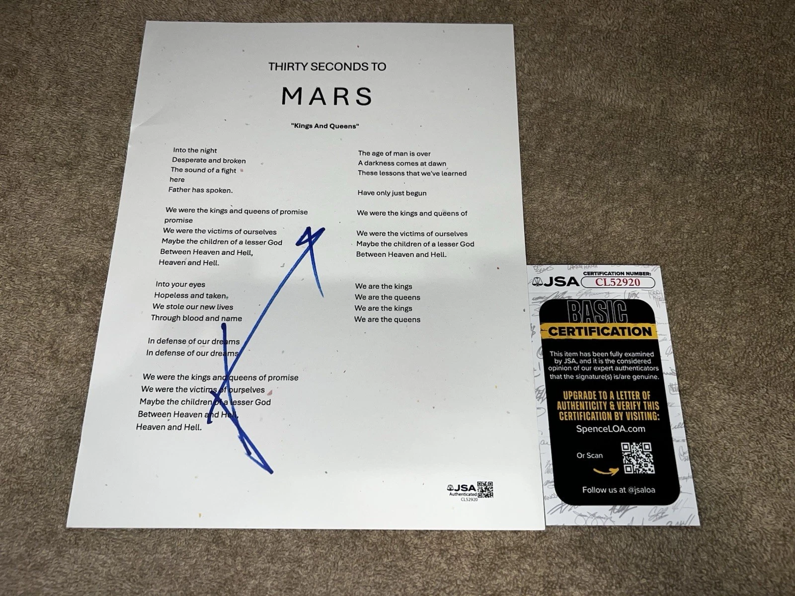 Jaret Leto Signed Kings & Queens Lyric Sheet 30 Seconds To Mars Legend JSA Auth
