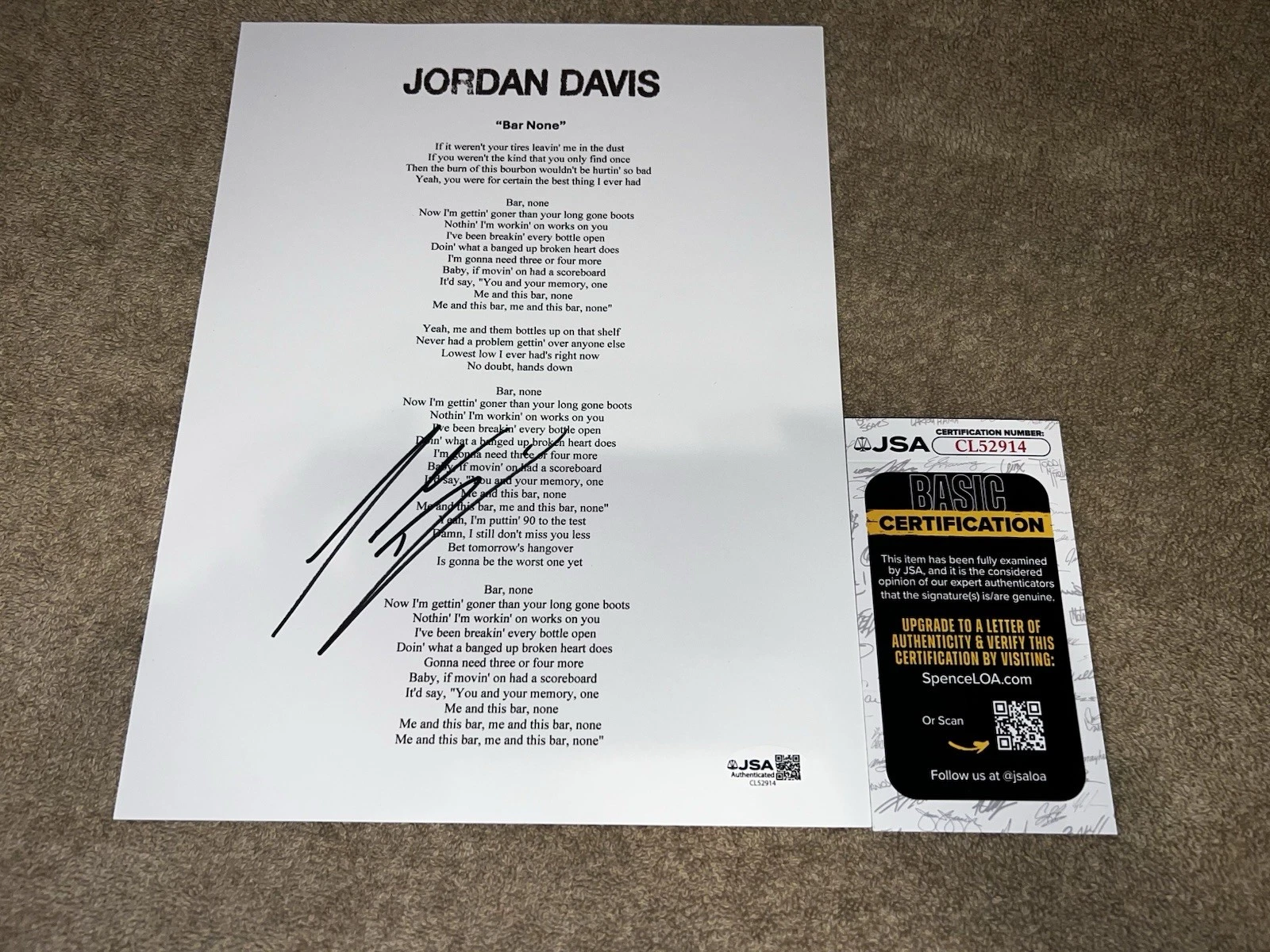 Jordan Davis Signed Bar None Lyric Sheet Country Music Legend JSA Auth