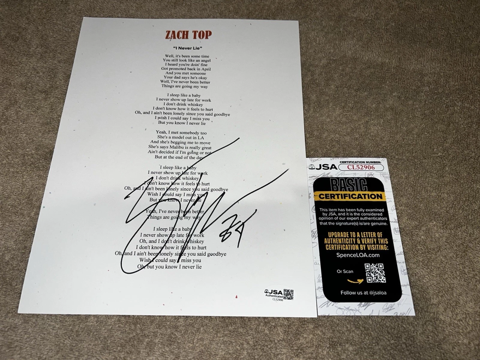 Zach Top Signed I Never Lie Lyric Sheet Country Music Legend Grammy JSA Auth