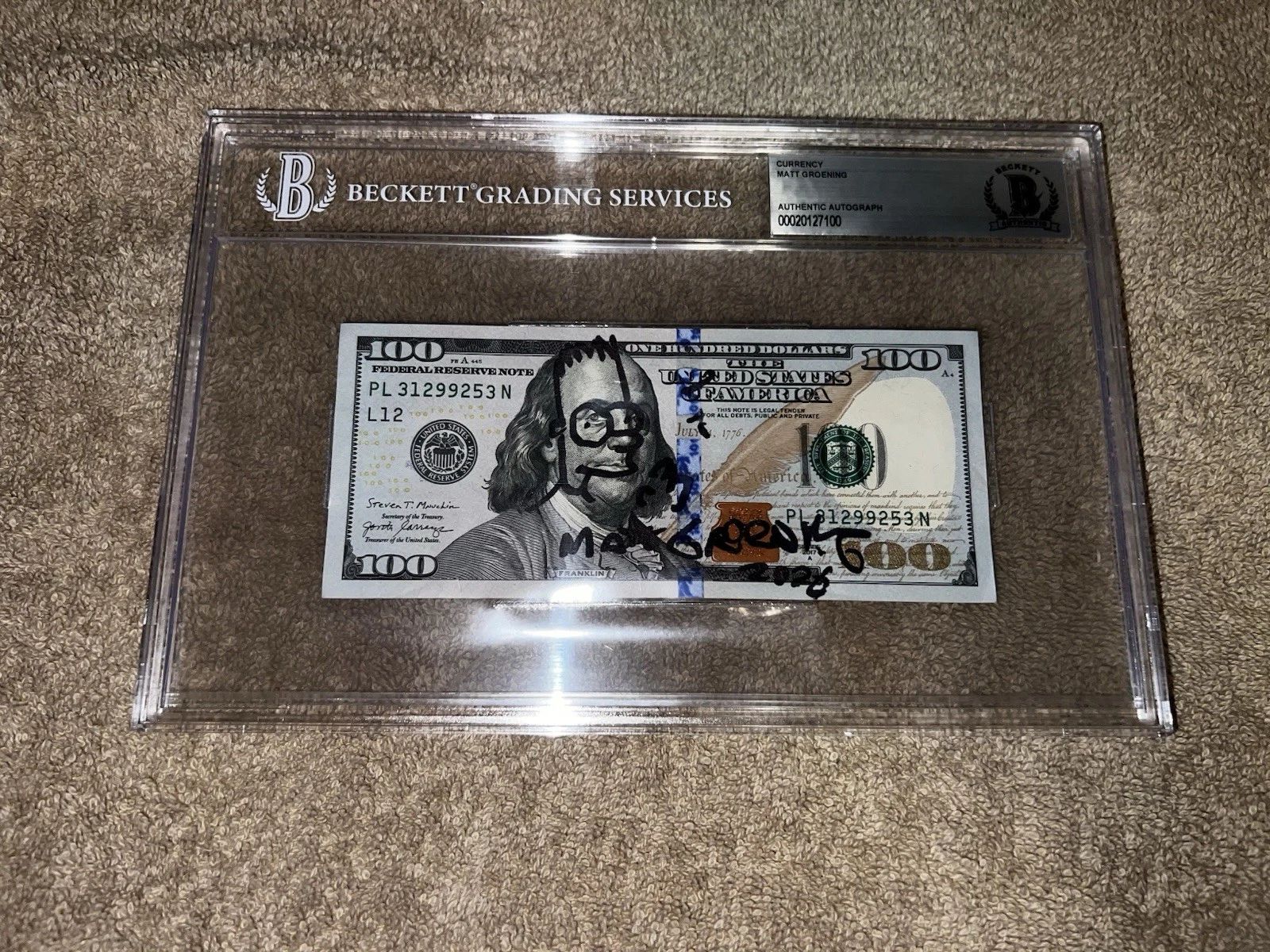 Matt Groening Signed Official $100 Dollar Bill Currency BART Sketch Beckett
