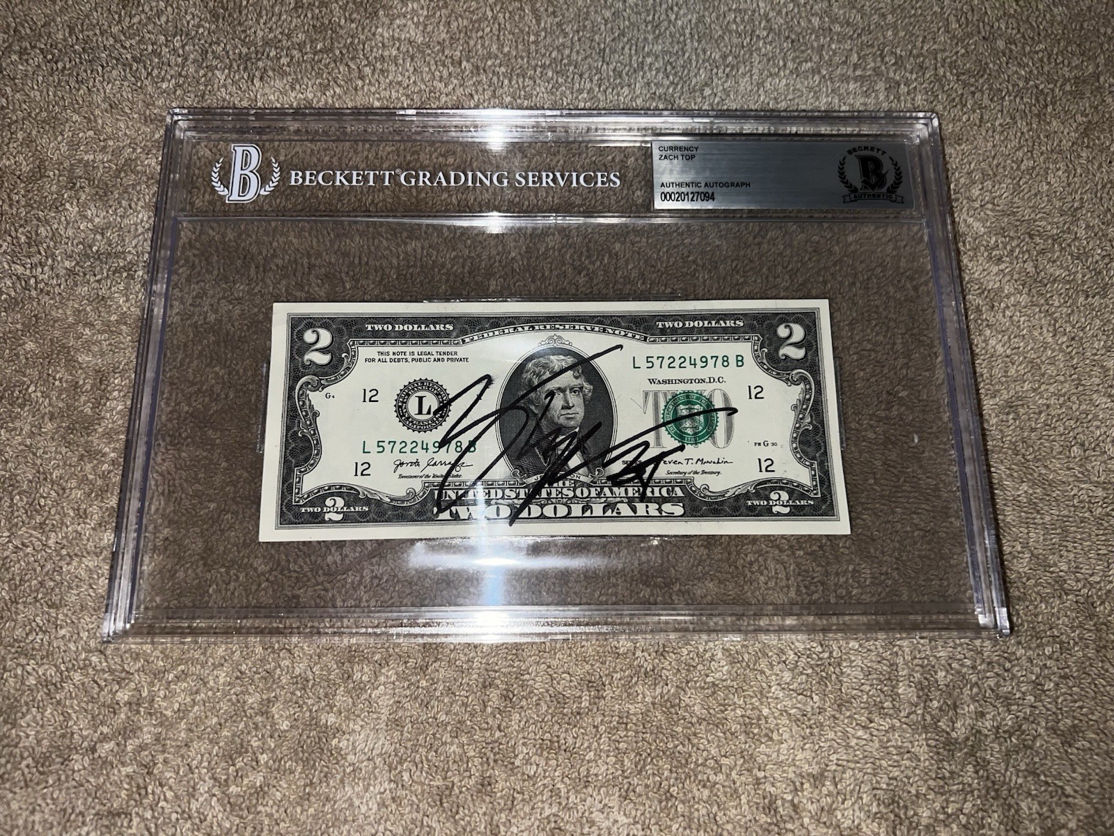 Zach Top Signed Official $2 Dollar Bill Currency Country Music Star BAS