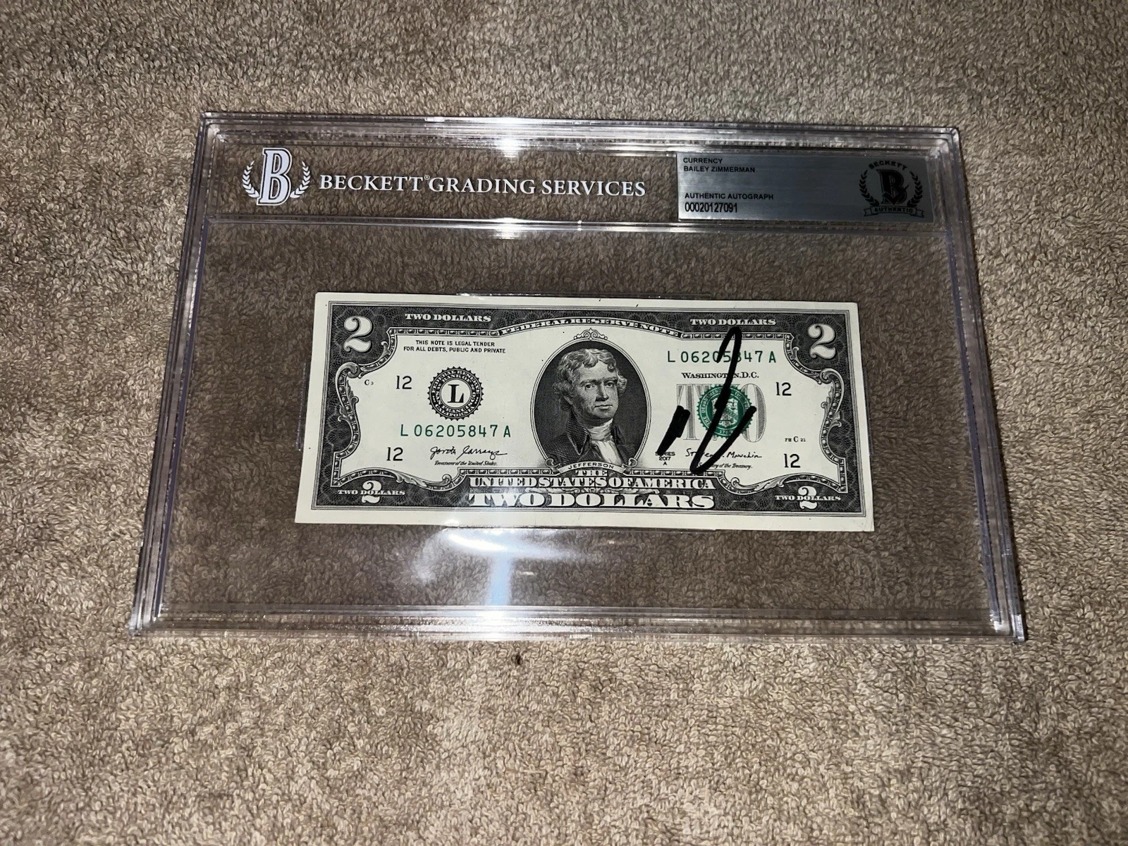 Bailey Zimmerman Signed Official $2 Dollar Bill Currency Country Music BAS #2