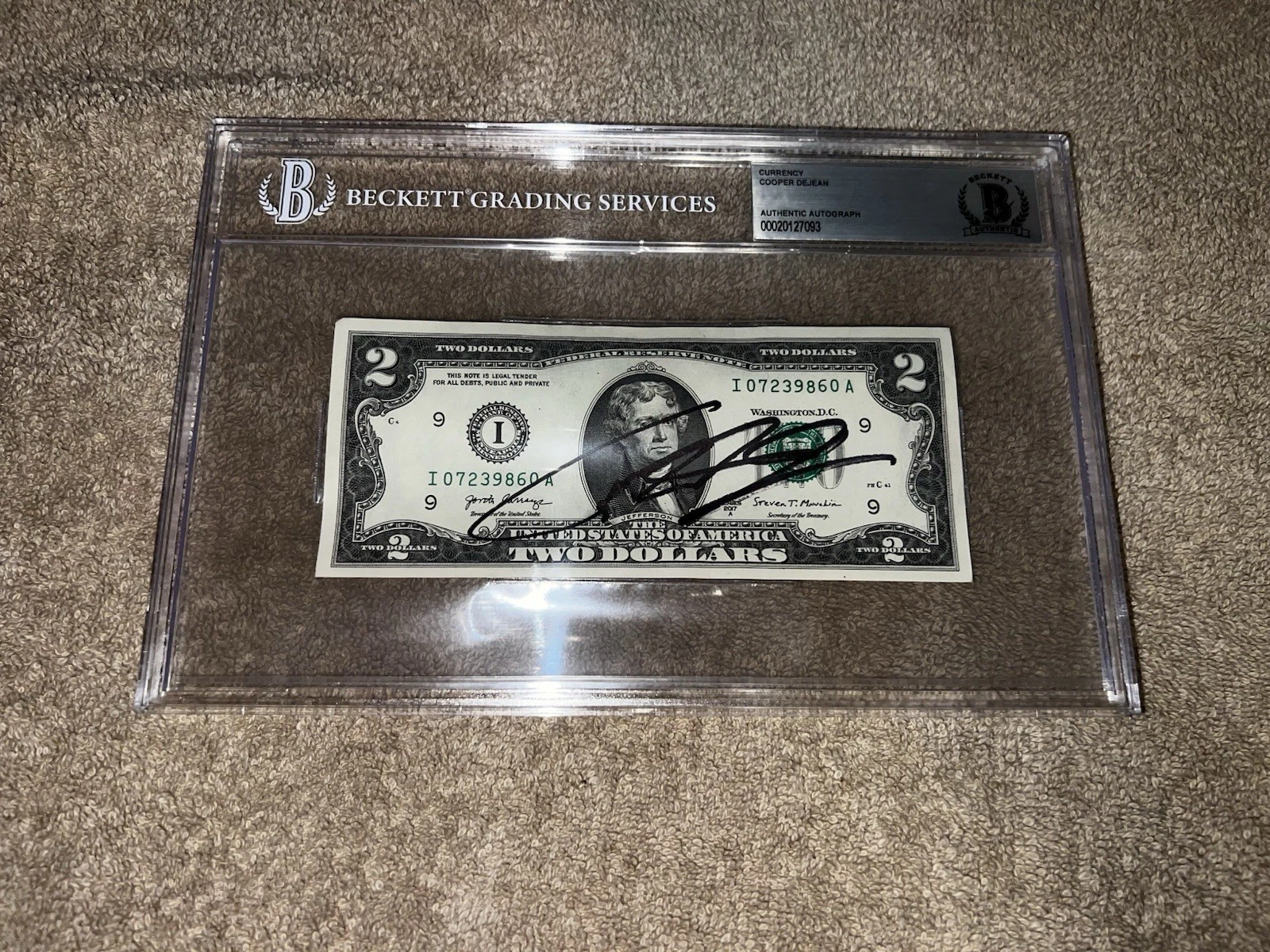 Cooper DeJean Signed Official $2 Dollar Bill Currency Philly Eagles Star BAS