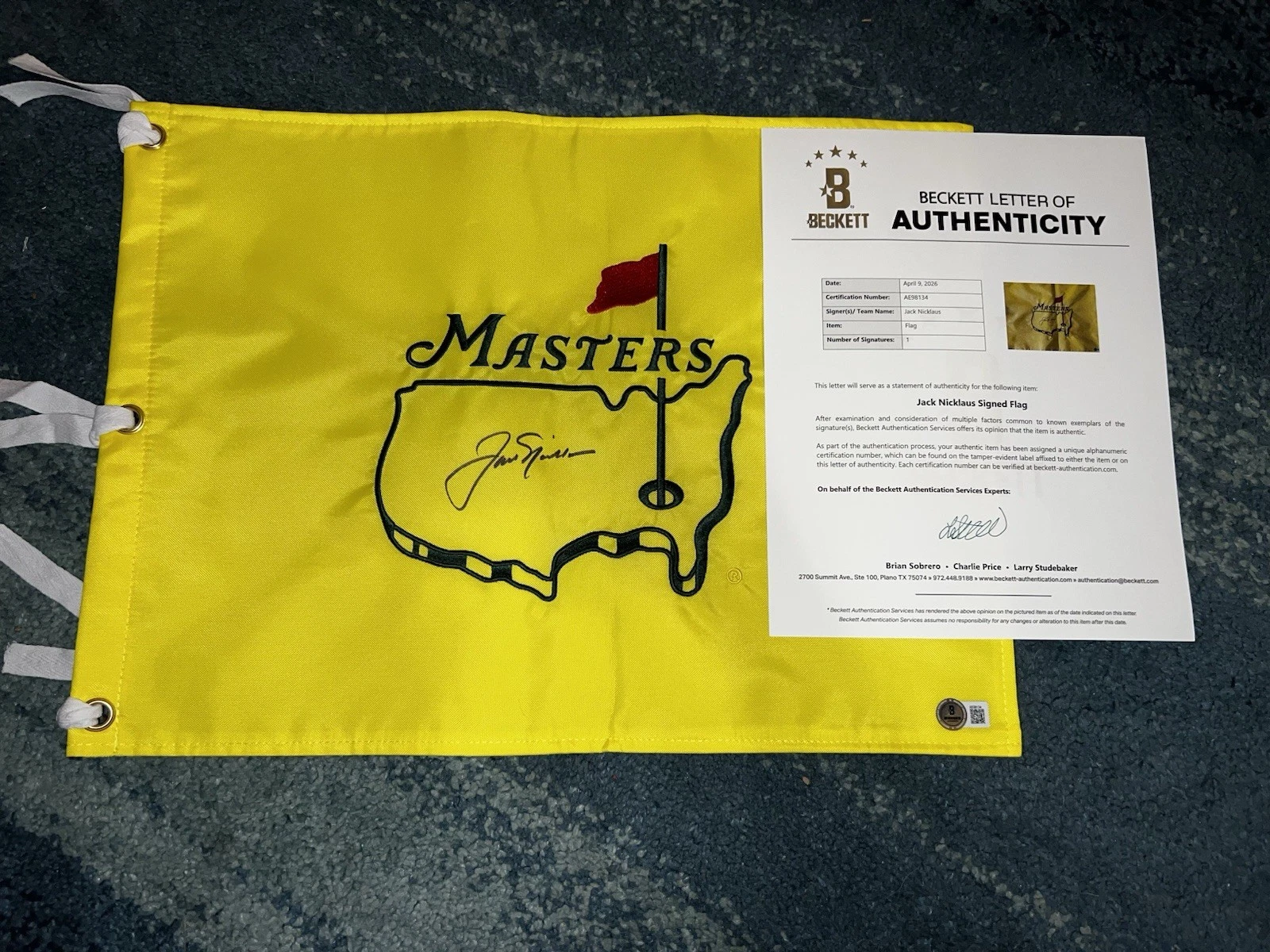 Jack Nicklaus Signed Undated Masters Flag 6x Masters Champ Legend Beckett #3