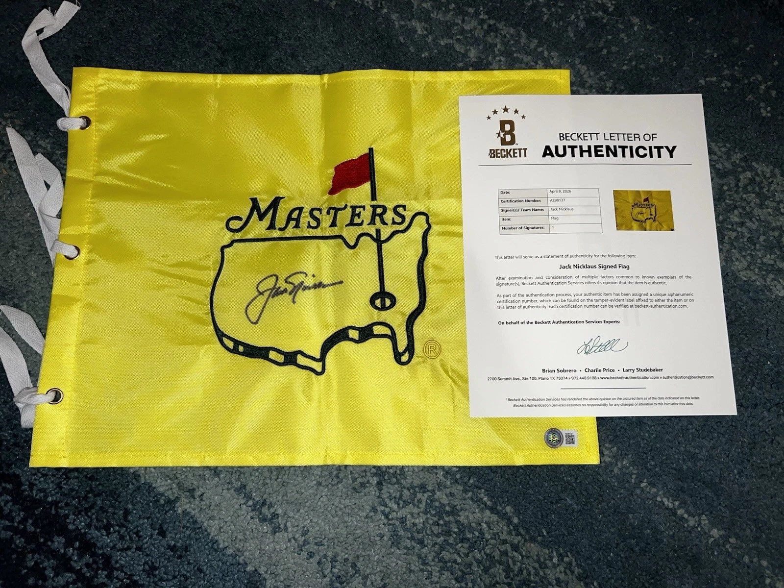Jack Nicklaus Signed Undated Masters Flag 6x Masters Champ Legend Beckett #6