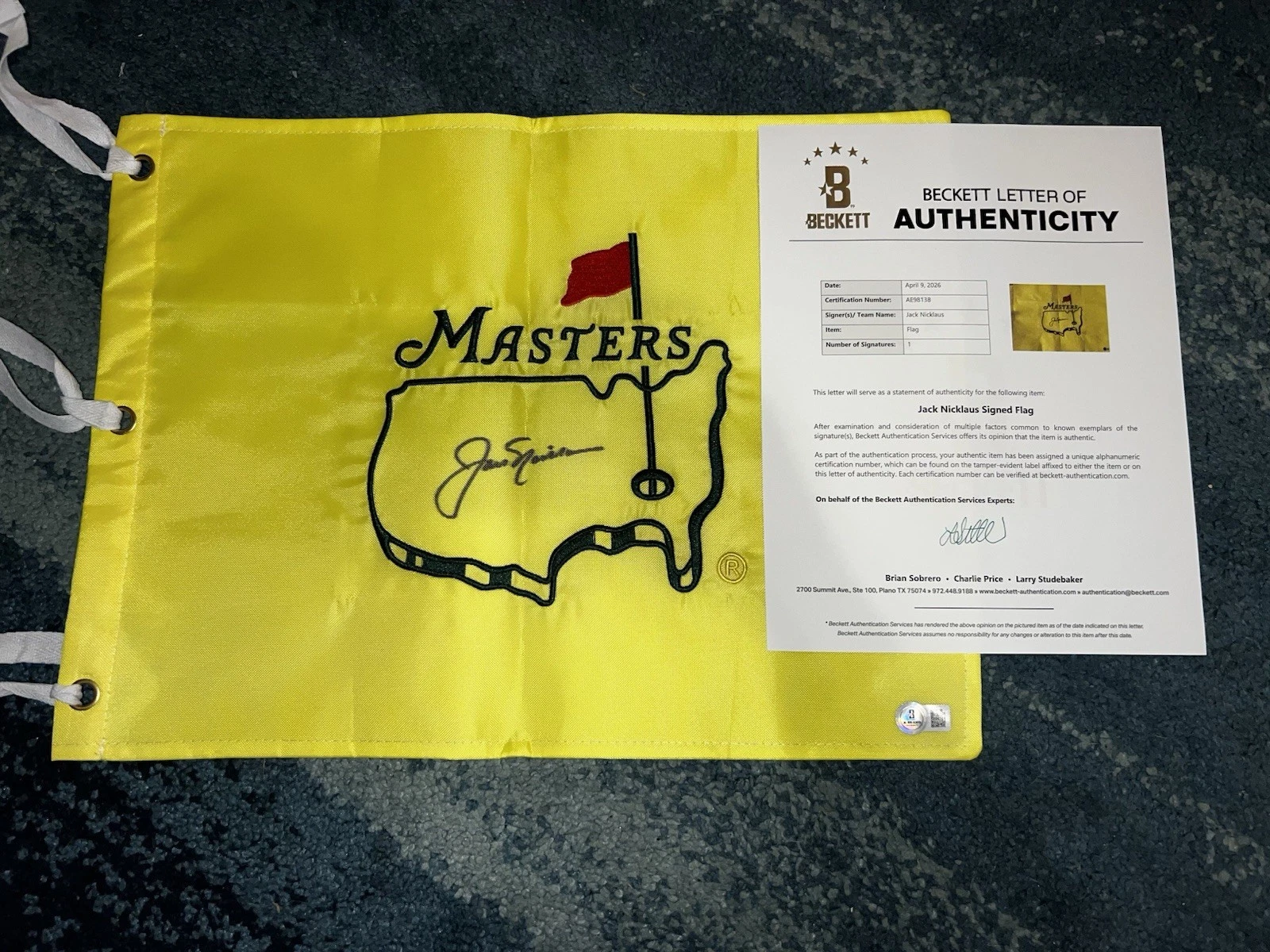 Jack Nicklaus Signed Undated Masters Flag 6x Masters Champ Legend Beckett #8