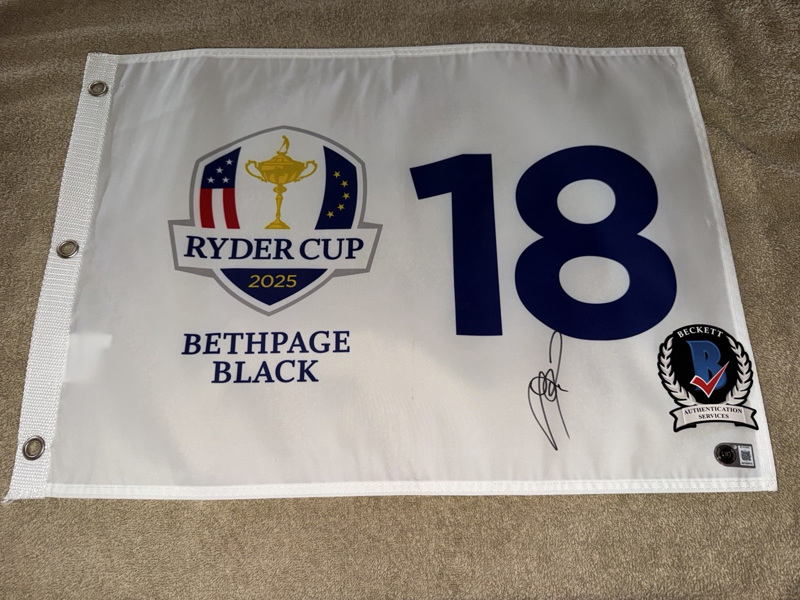 Justin Rose Signed Official 2025 Ryder Cup Flag Champions Legend Beckett