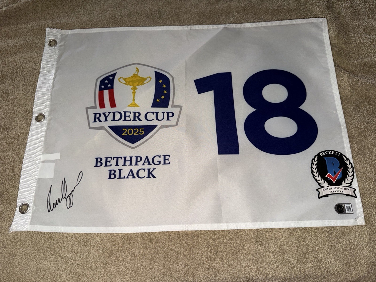 Rasmus Hojgaard Signed Official 2025 Ryder Cup Flag Champions Legend Beckett #2