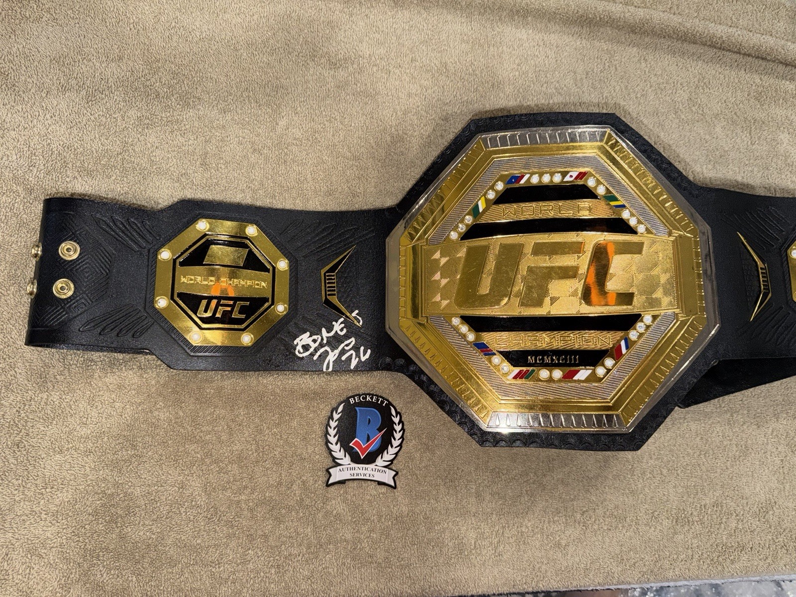 Jon Bones Jones Signed Full Size UFC Belt Champ UFC Hall Of Fame Legend Beckett