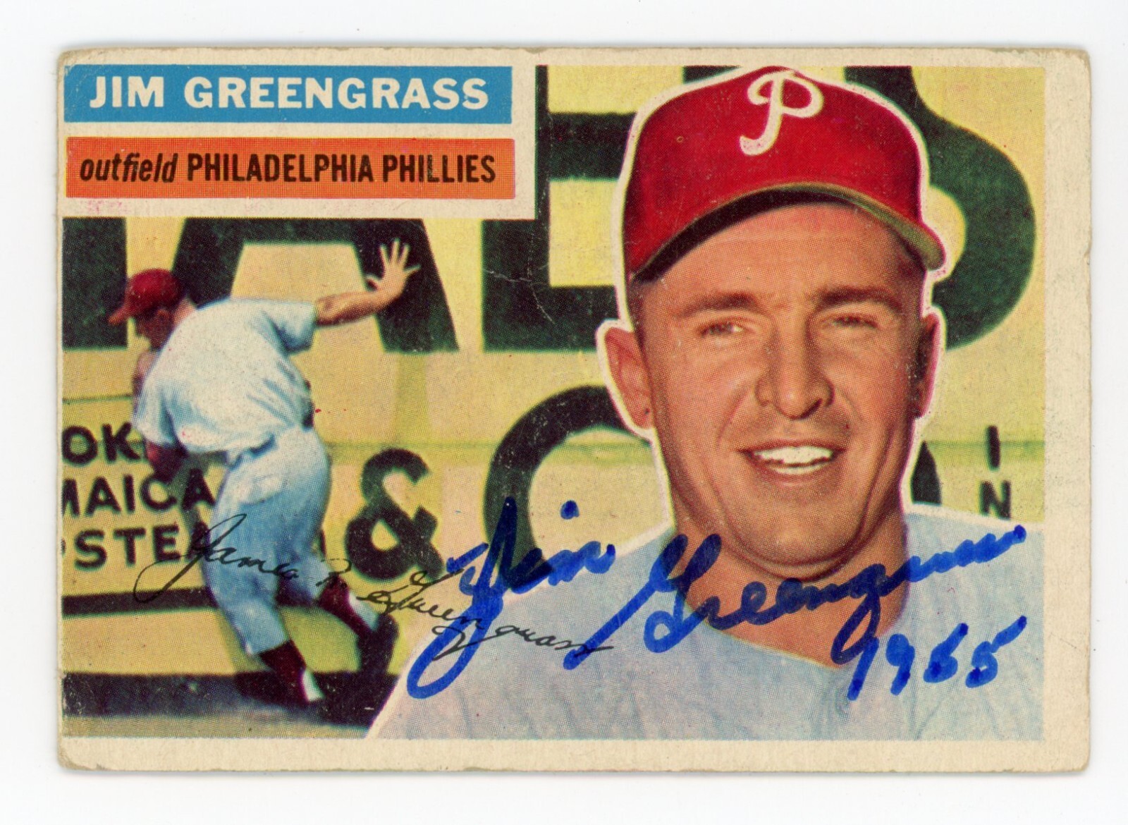 SIGNED BASEBALL CARD AUTO TOPPS 1956 JIM GREENGRASS PHILLIES #275 PAPER LOSS