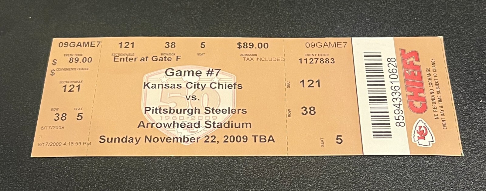 FOOTBALL TICKET STUB ARROWHEAD KANSAS CITY CHIEFS 2009 PITTSBURGH STEELERS 11/22