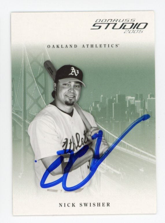 SIGNED BASEBALL CARD AUTO DONRUSS STUDIO 2005 NICK SWISHER OAKLAND A's #208