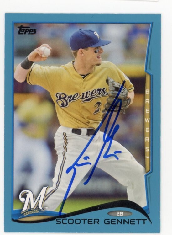 SIGNED BASEBALL CARD AUTO TOPPS 2014 SCOOTER GENNETT BLUE BORDER #130 BREWERS
