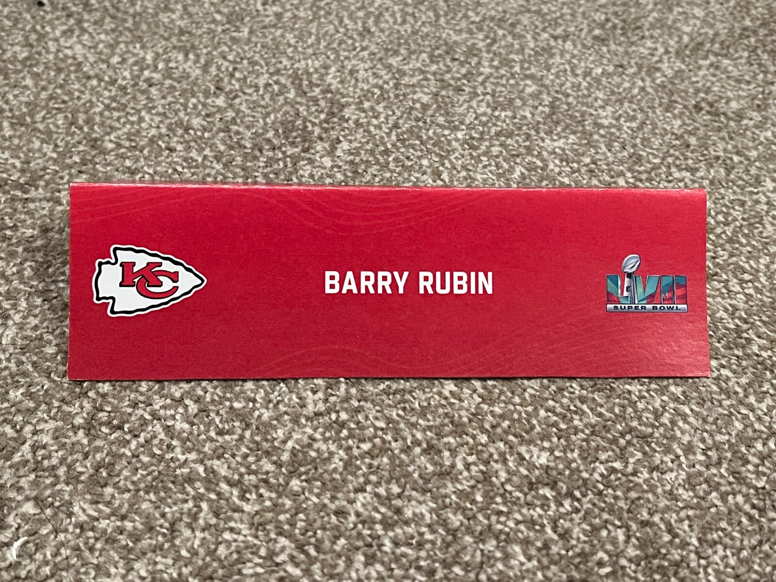 KANSAS CITY CHIEFS TEAM ISSUED SUPER BOWL LVII PAPER NAMEPLATE BARRY RUBIN