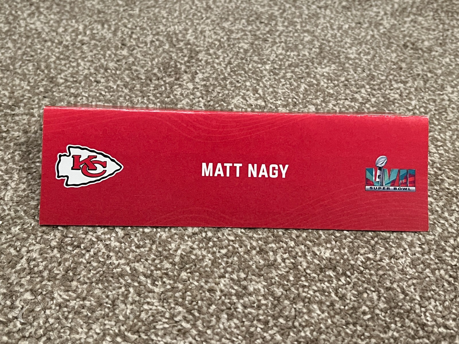 KANSAS CITY CHIEFS TEAM ISSUED SUPER BOWL LVII PAPER NAMEPLATE MATT NAGY