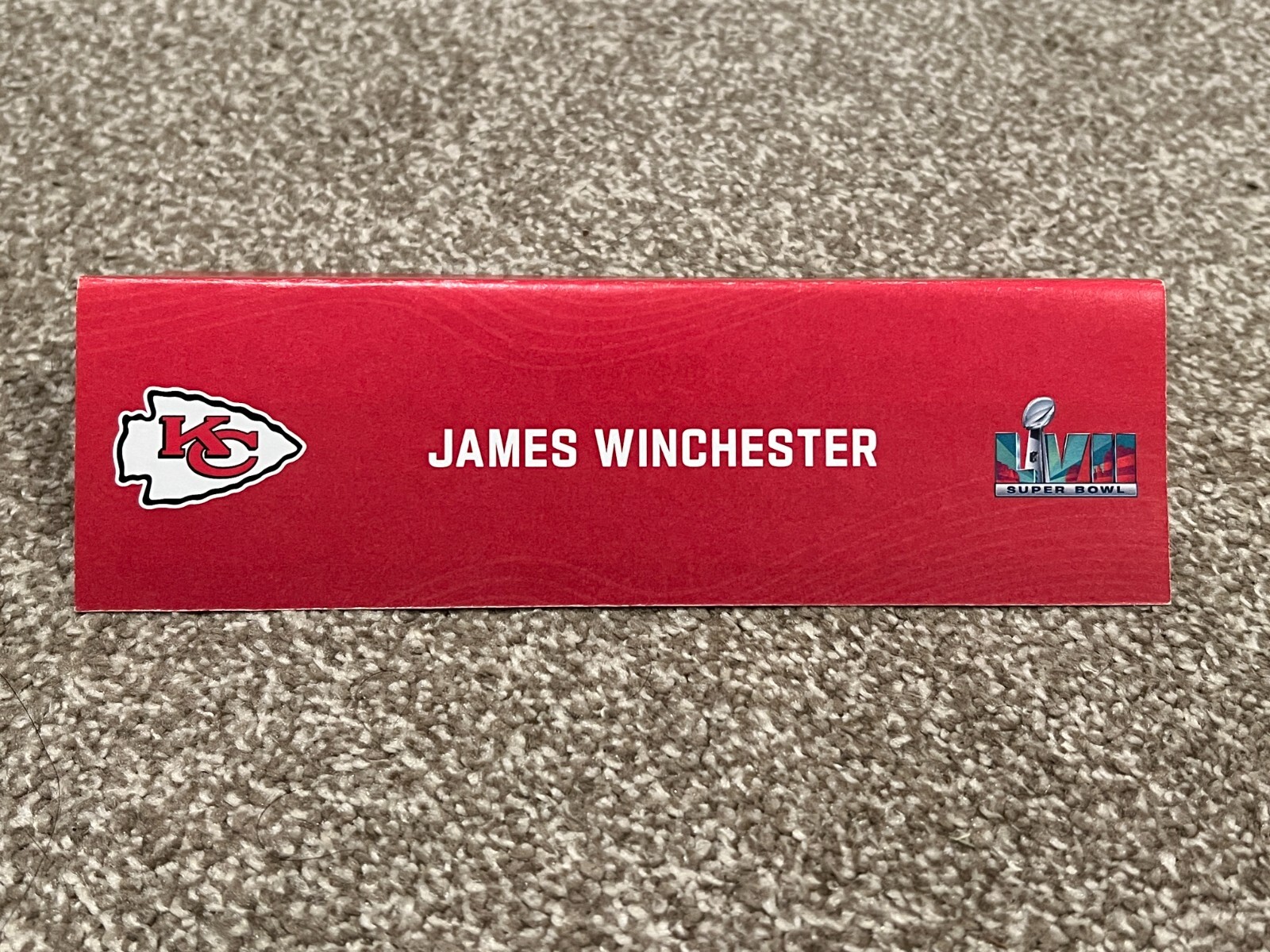 KANSAS CITY CHIEFS TEAM ISSUED SUPER BOWL LVII PAPER NAMEPLATE JAMES WINCHESTER