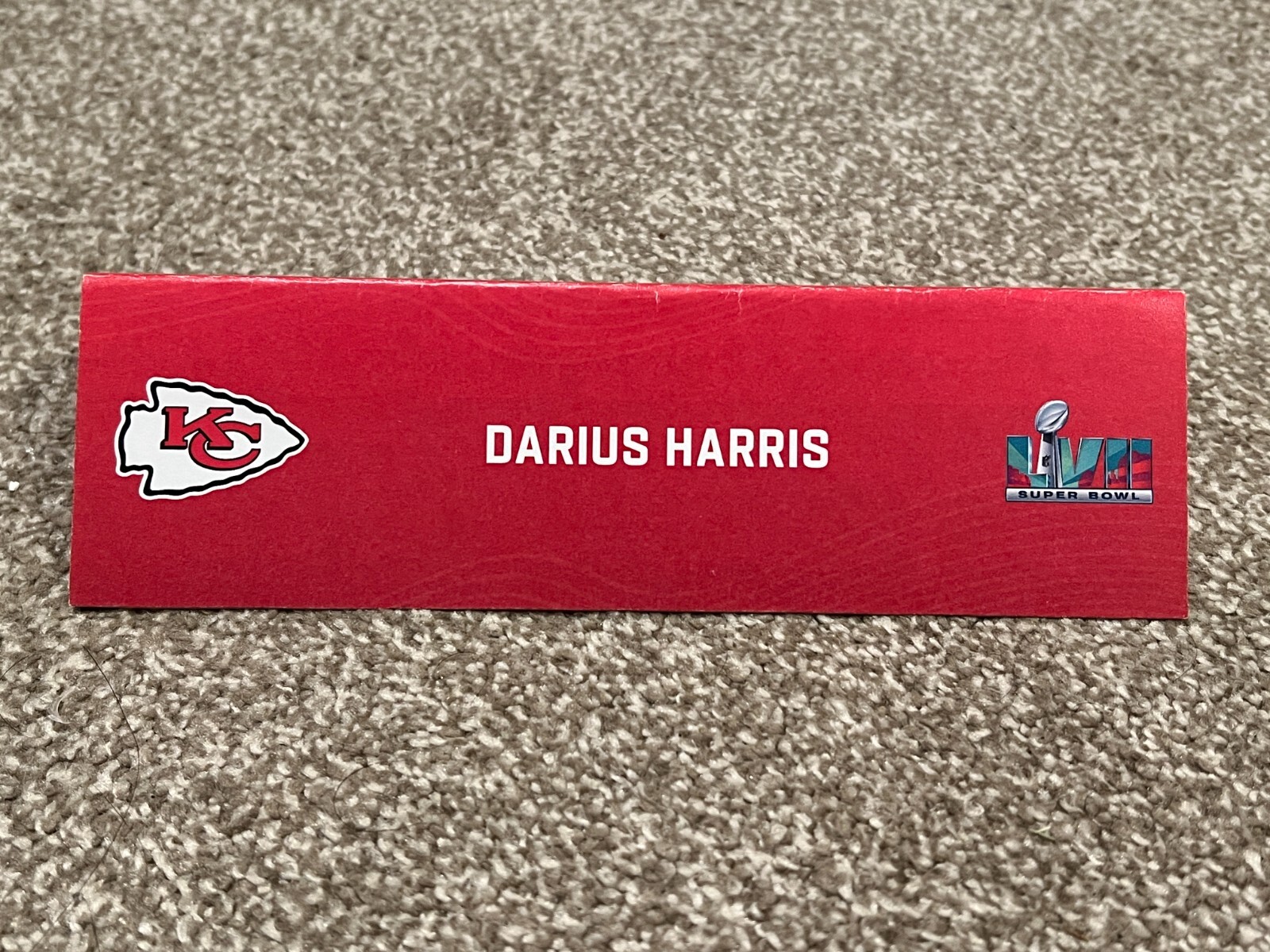 KANSAS CITY CHIEFS TEAM ISSUED SUPER BOWL LVII PAPER NAMEPLATE DARIUS HARRIS