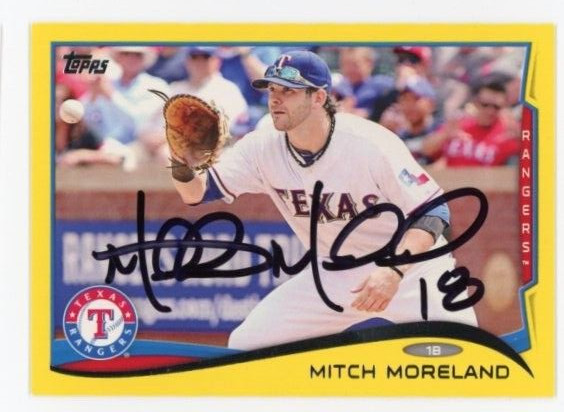 SIGNED BASEBALL CARD AUTO TOPPS 2014 TEXAS RANGERS MITCH MORELAND #147 YELLOW