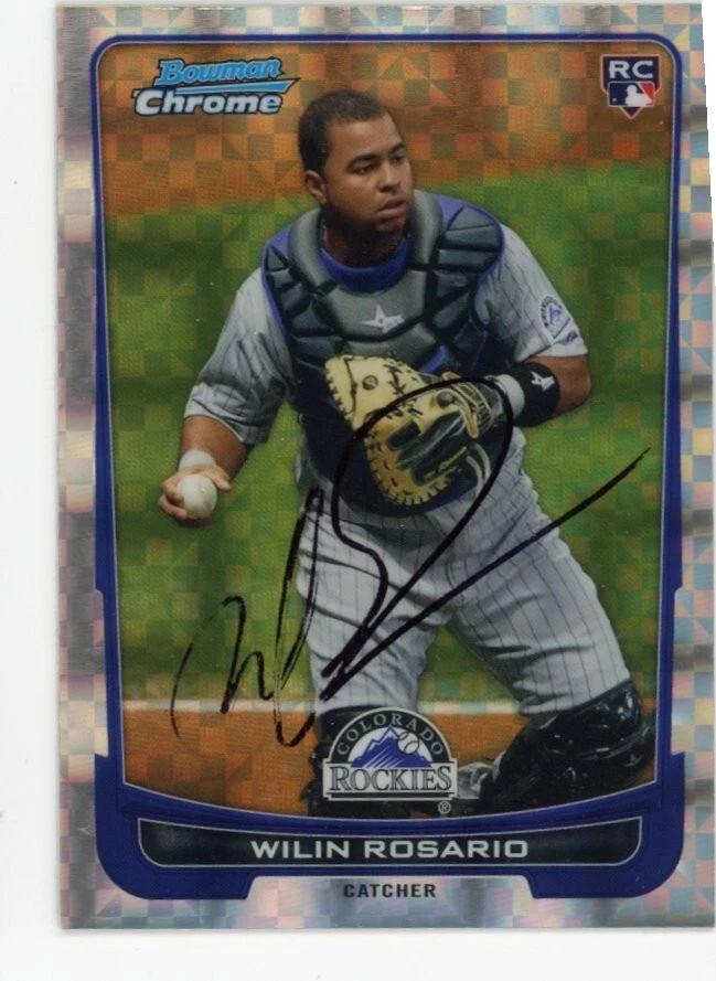 SIGNED BASEBALL CARD AUTO BOWMAN CHROME 2012 WILIN ROSARIO REFRACTOR ROCKIES 118
