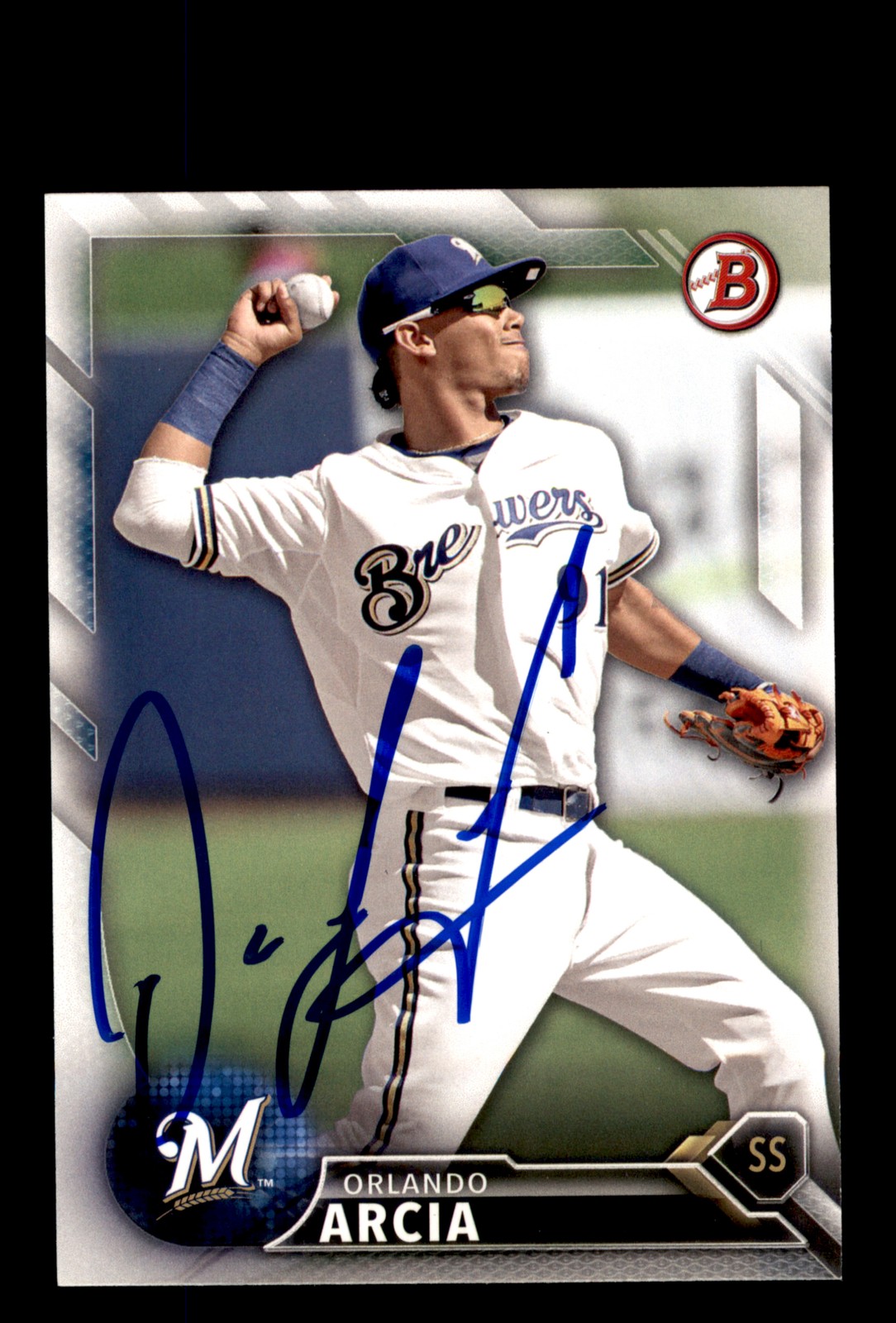 Signed Baseball Card Auto 2016 Bowman #BP2 Orlando Arcia Milwaukee Brewers
