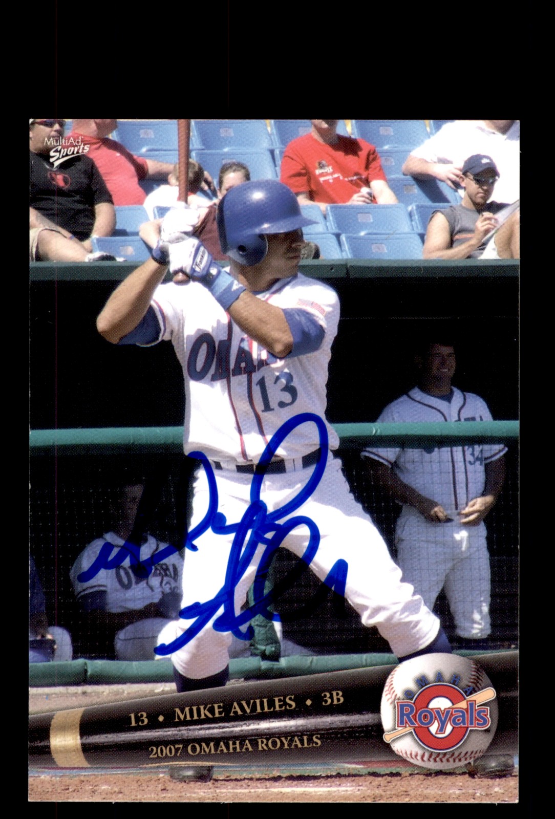 Signed Baseball Card Auto 2007 MultiAd Omaha Royals #3 Mike Aviles RC MILB
