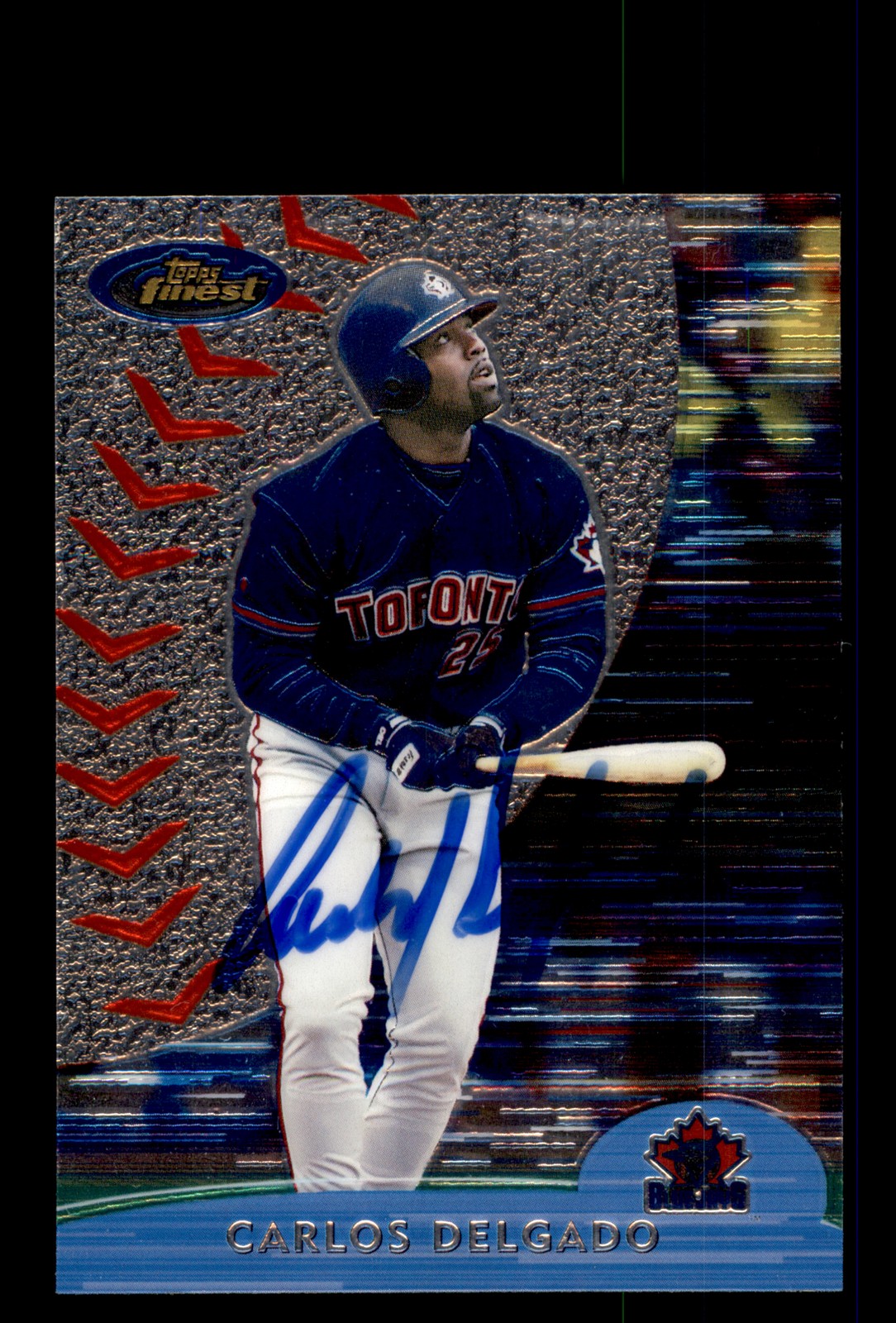 Signed Baseball Card Auto Carlos Delgado 2000 Finest #190 *Crease on back