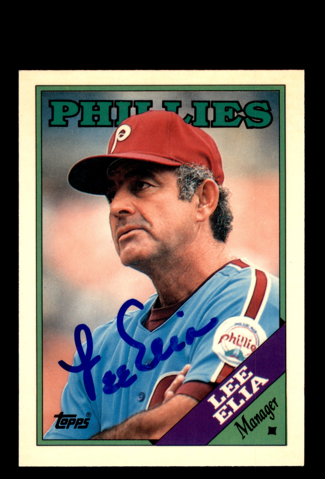 Signed Baseball Card Auto Lee Elia 1988 Topps #254 Phillies Tiffany
