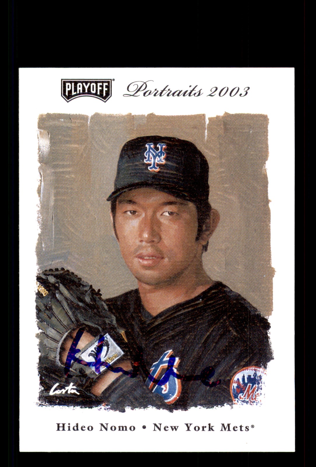 Signed Baseball Card Auto Hideo Nomo 2003 Playoff Portraits #140 New York Mets