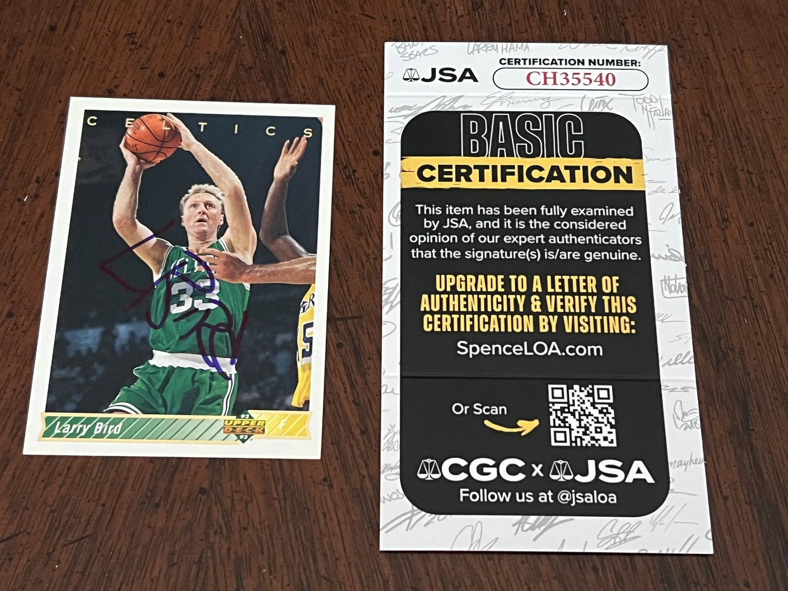 Signed Basketball Card Auto Larry Bird 1992-93 Upper Deck #33 Celtics JSA