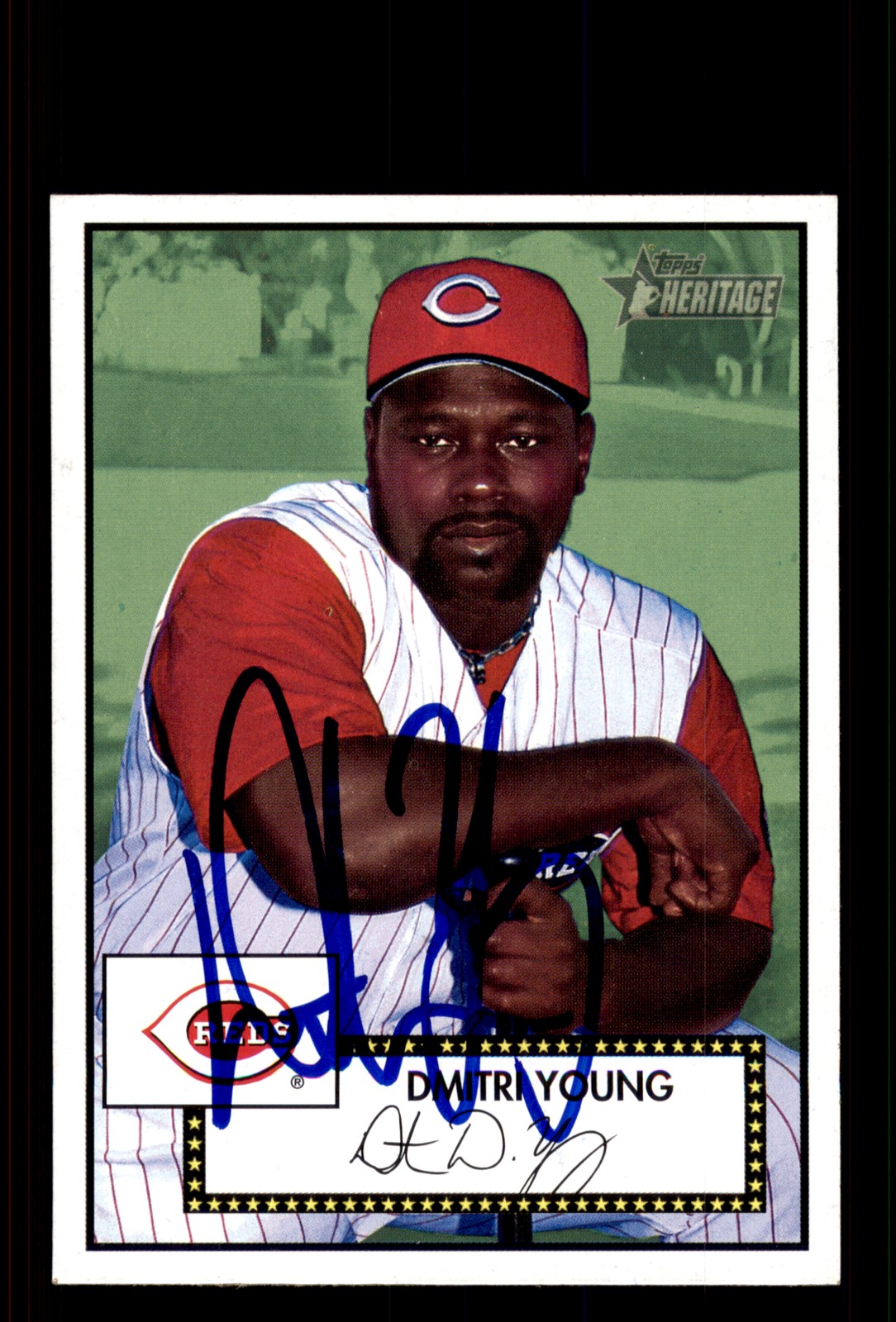 Signed Baseball Card Auto Dmitri Young 2001 Topps Heritage #96 Cincinnati Reds