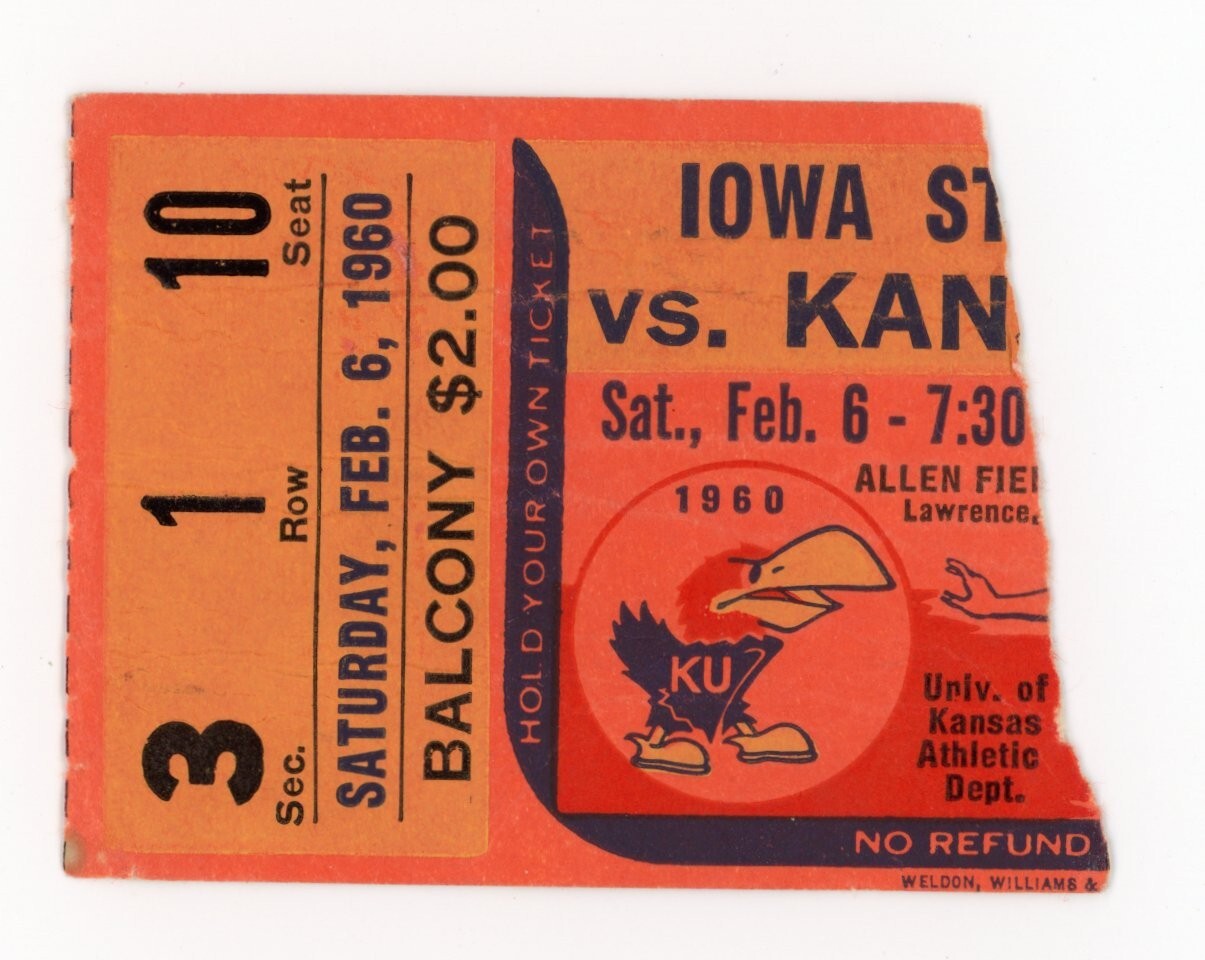 VINTAGE KANSAS KU JAYHAWKS BASKETBALL TICKET STUB IOWA STATE 1960