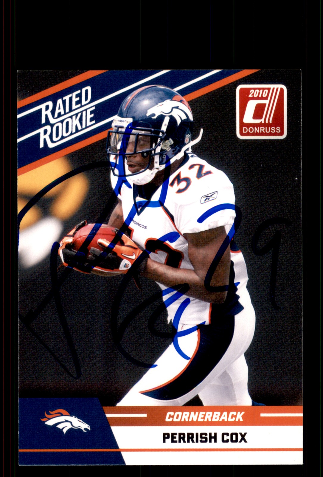 Signed Football Card Auto Perrish Cox 2010 Donruss Rated Rookies #81 Broncos