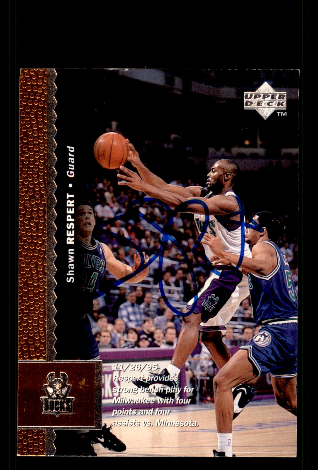 Signed Basketball Card Auto Shawn Respert 1996-97 Upper Deck #71 Milwaukee Bucks