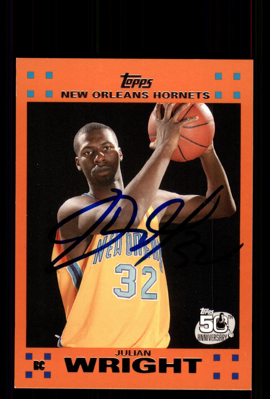 Signed Basketball Card Auto Julian Wright 2007-08 Topps #13 Hornets Orange