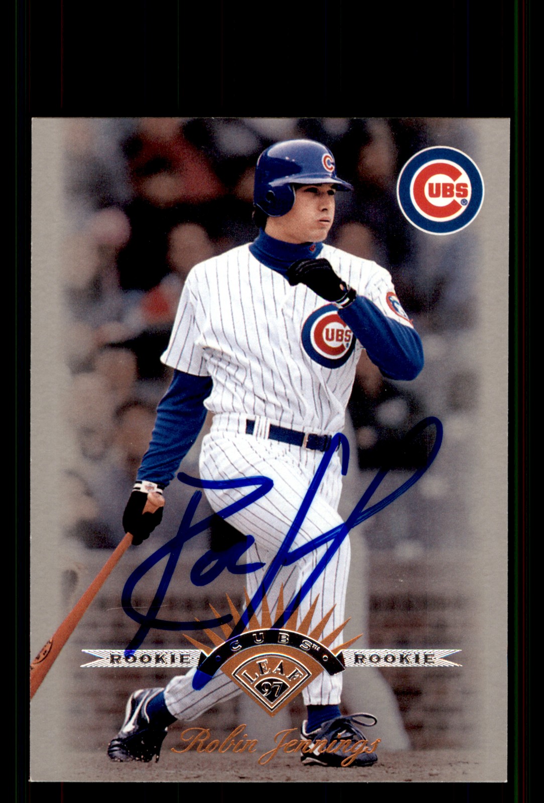 Signed Baseball Card Auto Robin Jennings 1997 Leaf #180 Chicago Cubs