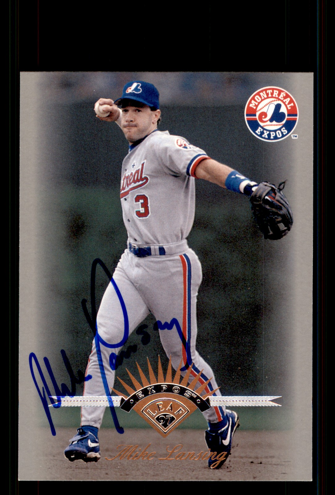 Signed Baseball Card Auto Mike Lansing 1997 Leaf #37 Montreal Expos