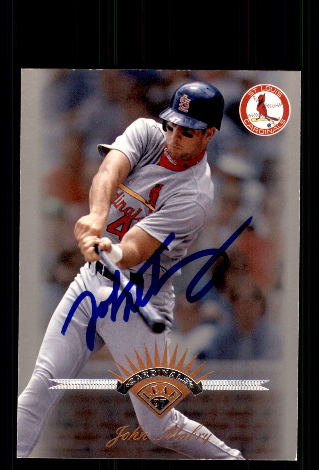 Signed Baseball Card Auto John Mabry 1997 Leaf #35 St. Louis Cardinals