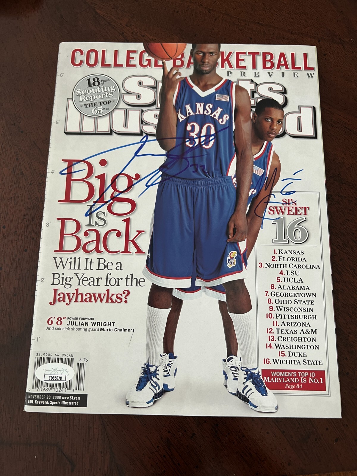 JULIAN WRIGHT MARIO CHALMERS SIGNED SPORTS ILLUSTRATED BASKETBALL KU AUTO JSA