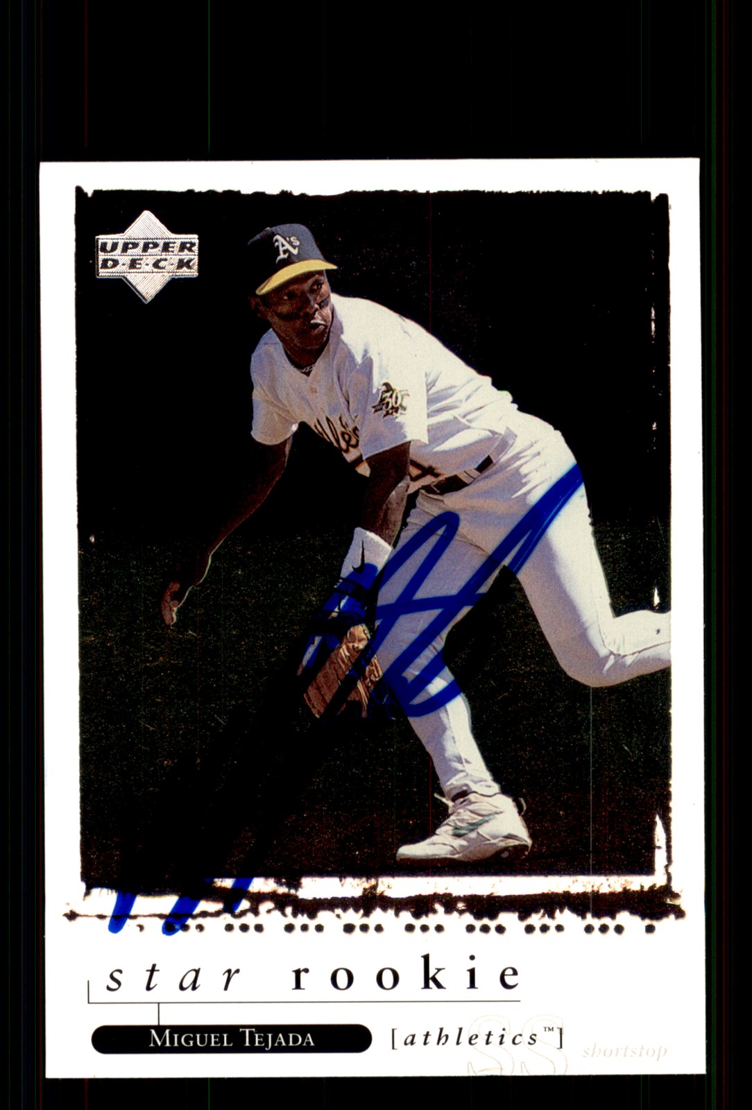 Signed Baseball Card Auto Miguel Tejada 1998 Upper Deck #275 Oakland Athletics