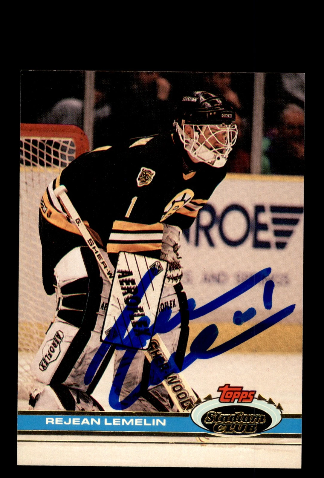 Signed Hockey Card Auto Rejean Lemelin 1991-92 Stadium Club #23 Boston Bruins