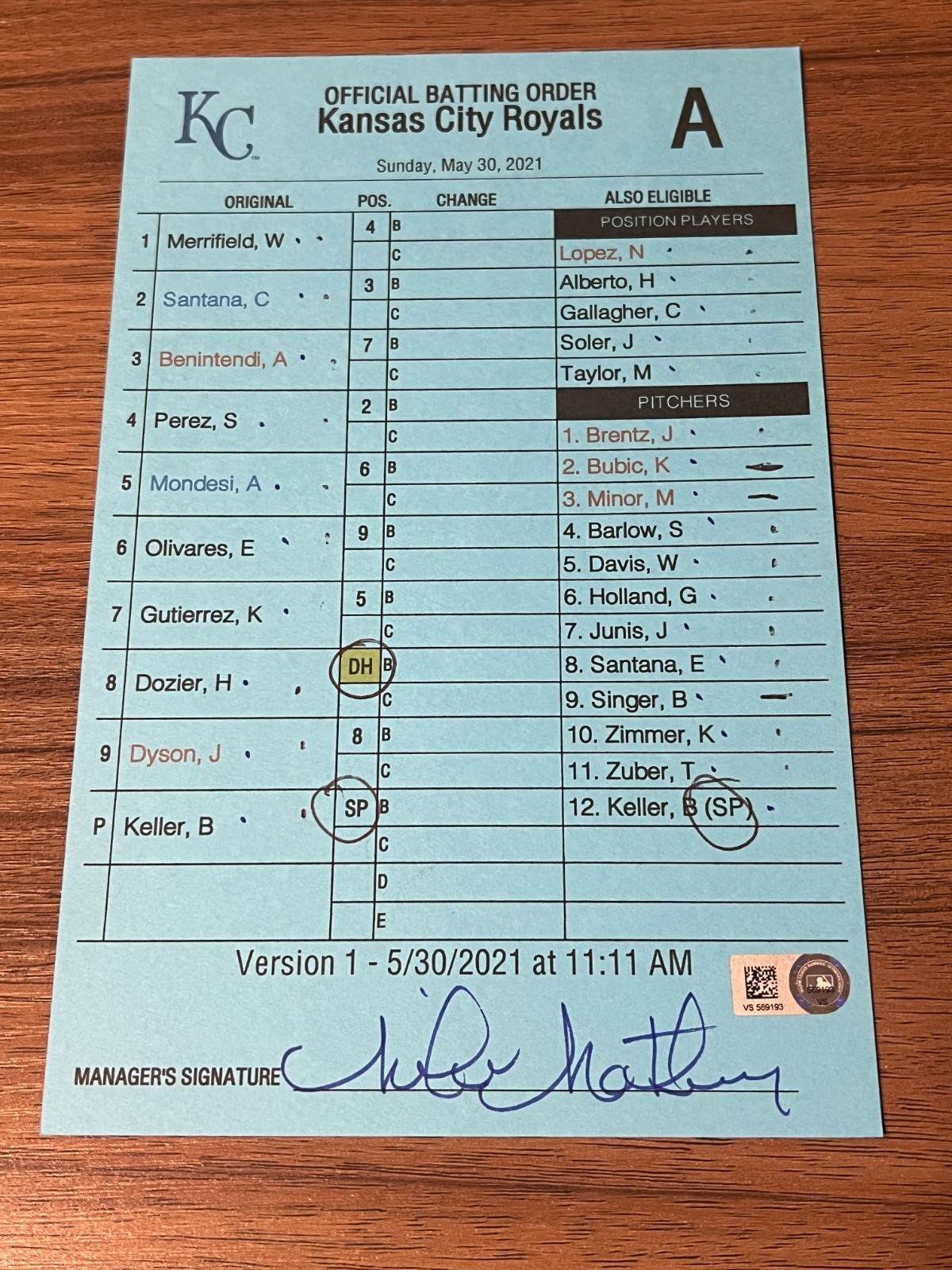 2021 GAME USED KANSAS CITY ROYALS BASEBALL UMPIRE LINE UP CARD 5/30