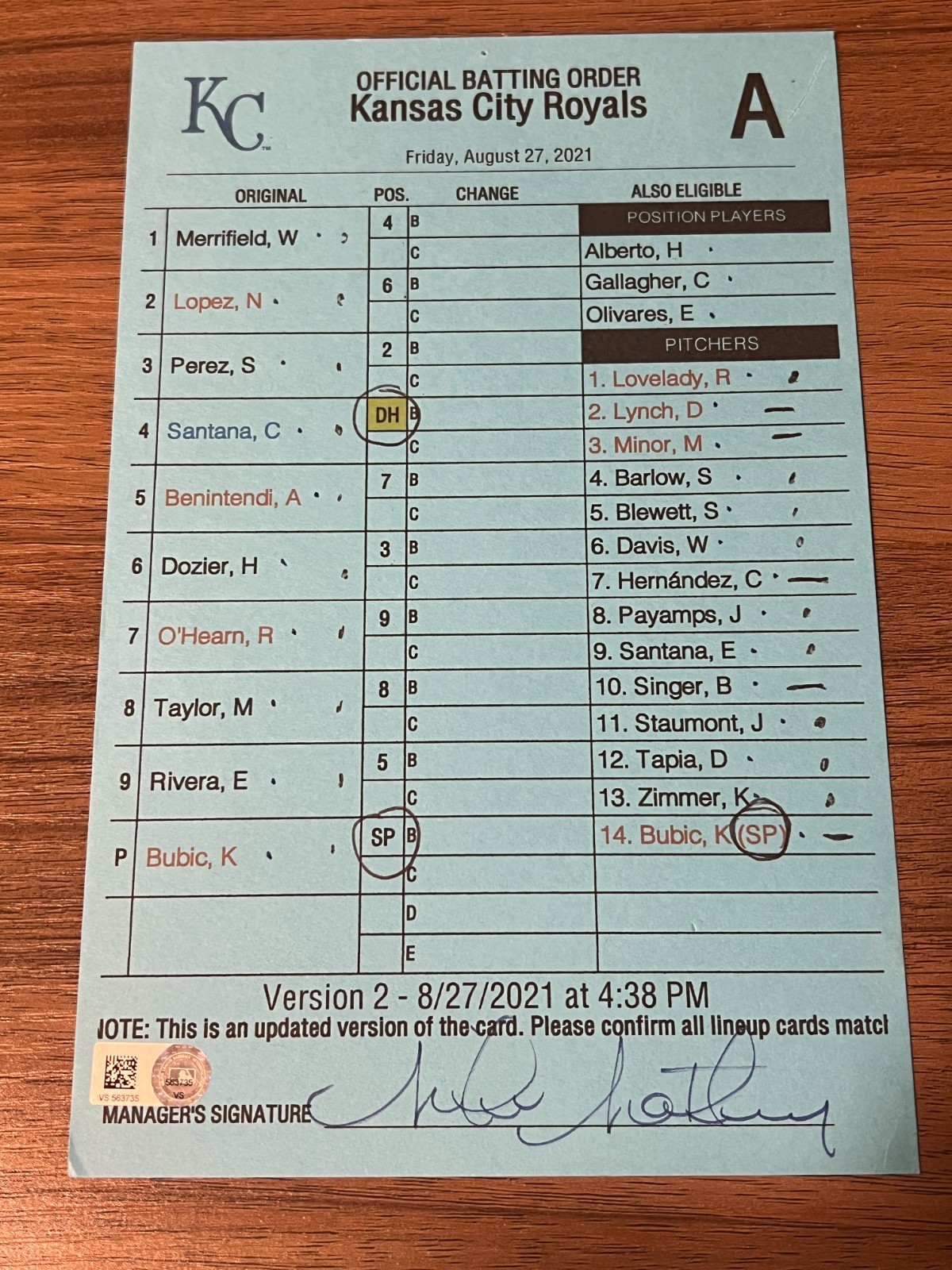 2021 GAME USED KANSAS CITY ROYALS BASEBALL UMPIRE LINE UP CARD 8/27 SALVY HR GS