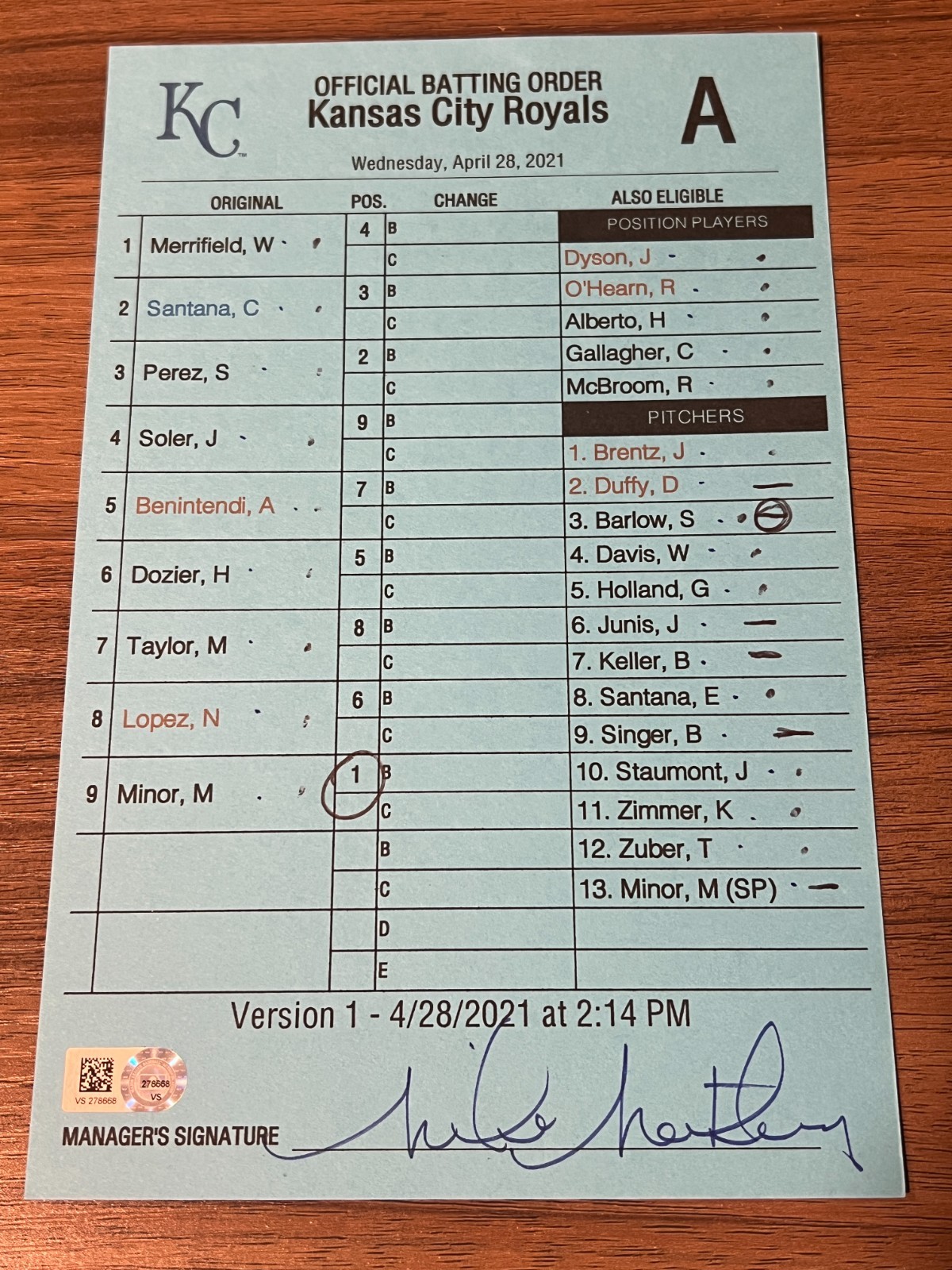 2021 GAME USED KANSAS CITY ROYALS BASEBALL UMPIRE LINE UP CARD 4/28 PEREZ 3 HITS