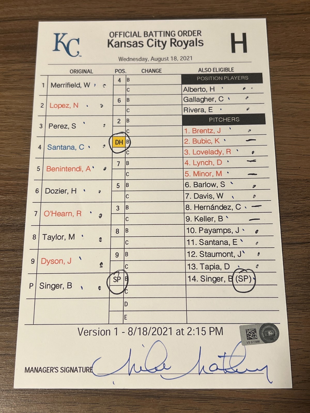 2021 GAME USED KANSAS CITY ROYALS BASEBALL UMPIRE LINE UP CARD 8/18 SINGER