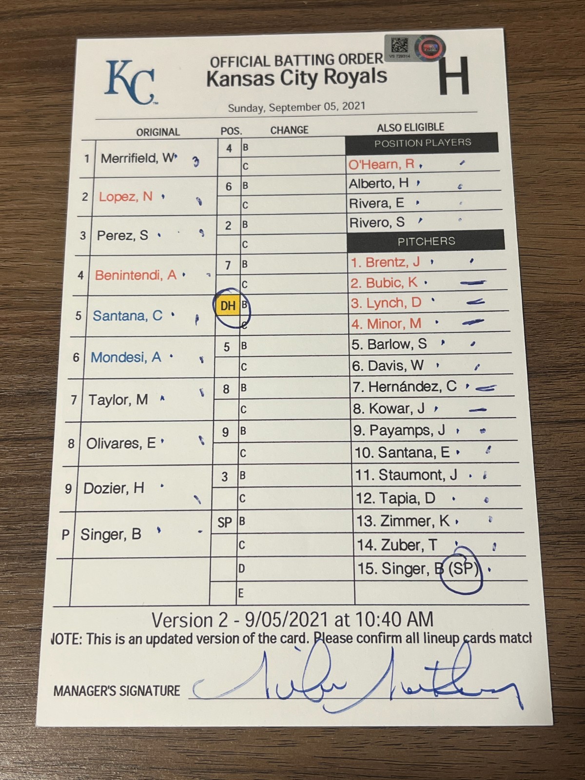 2021 GAME USED KANSAS CITY ROYALS BASEBALL UMPIRE LINE UP CARD 9/5 SALVY HR