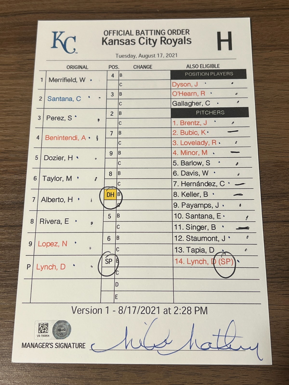 2021 GAME USED KANSAS CITY ROYALS BASEBALL UMPIRE LINE UP CARD 8/17