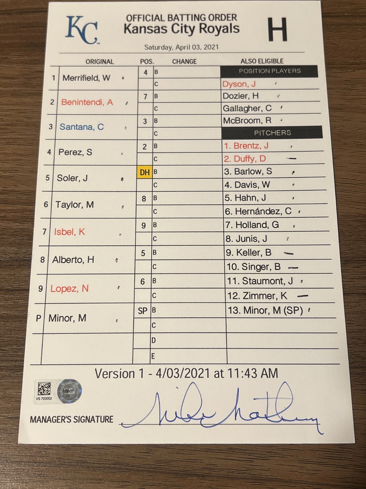 2021 GAME USED KANSAS CITY ROYALS BASEBALL UMPIRE LINE UP CARD 4/3