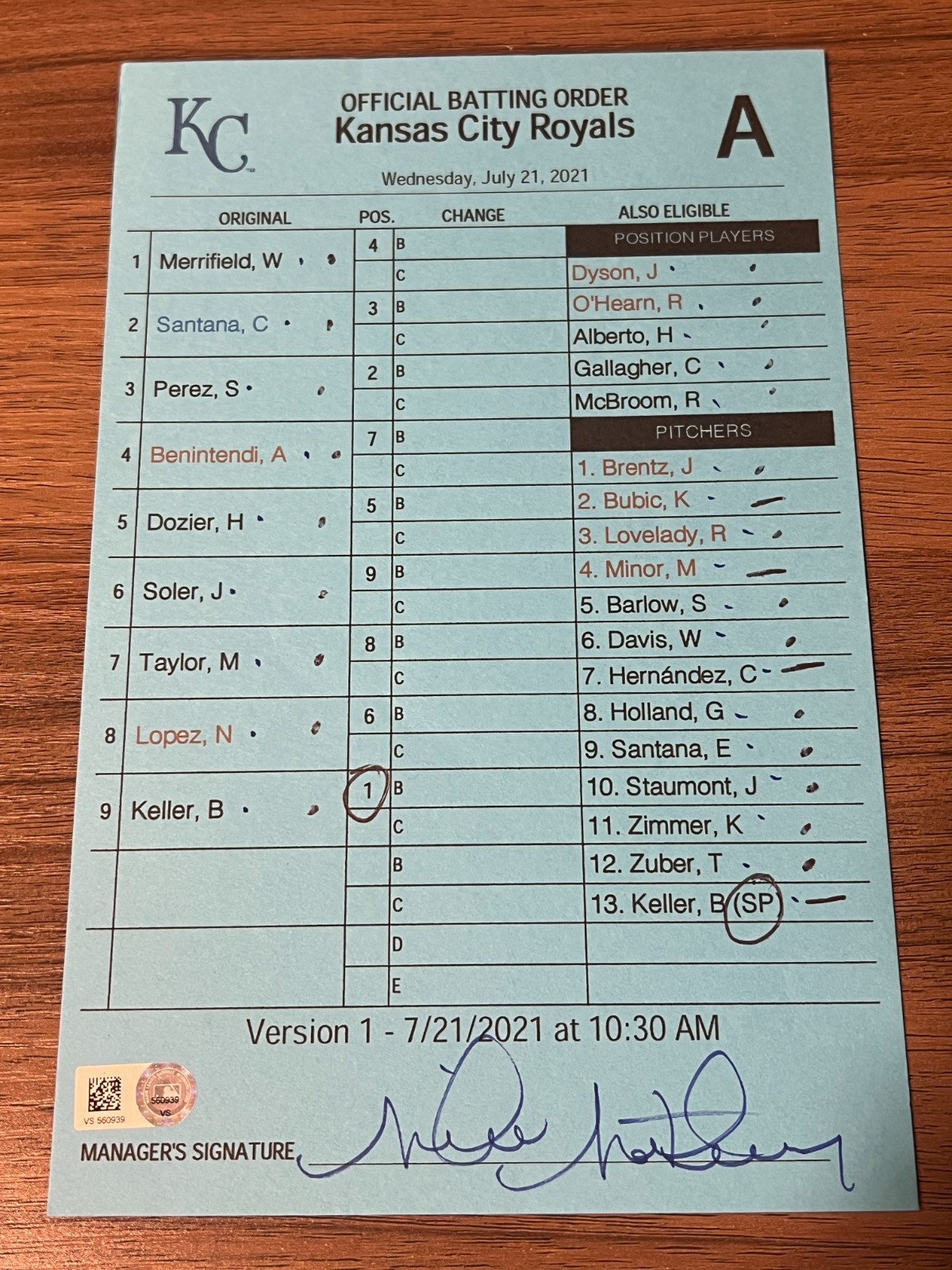 2021 GAME USED KANSAS CITY ROYALS BASEBALL UMPIRE LINE UP CARD 7/21