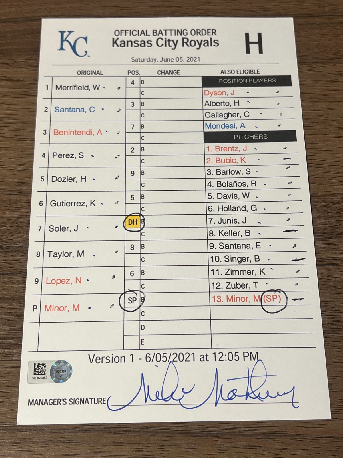 2021 GAME USED KANSAS CITY ROYALS BASEBALL UMPIRE LINE UP CARD 6/5