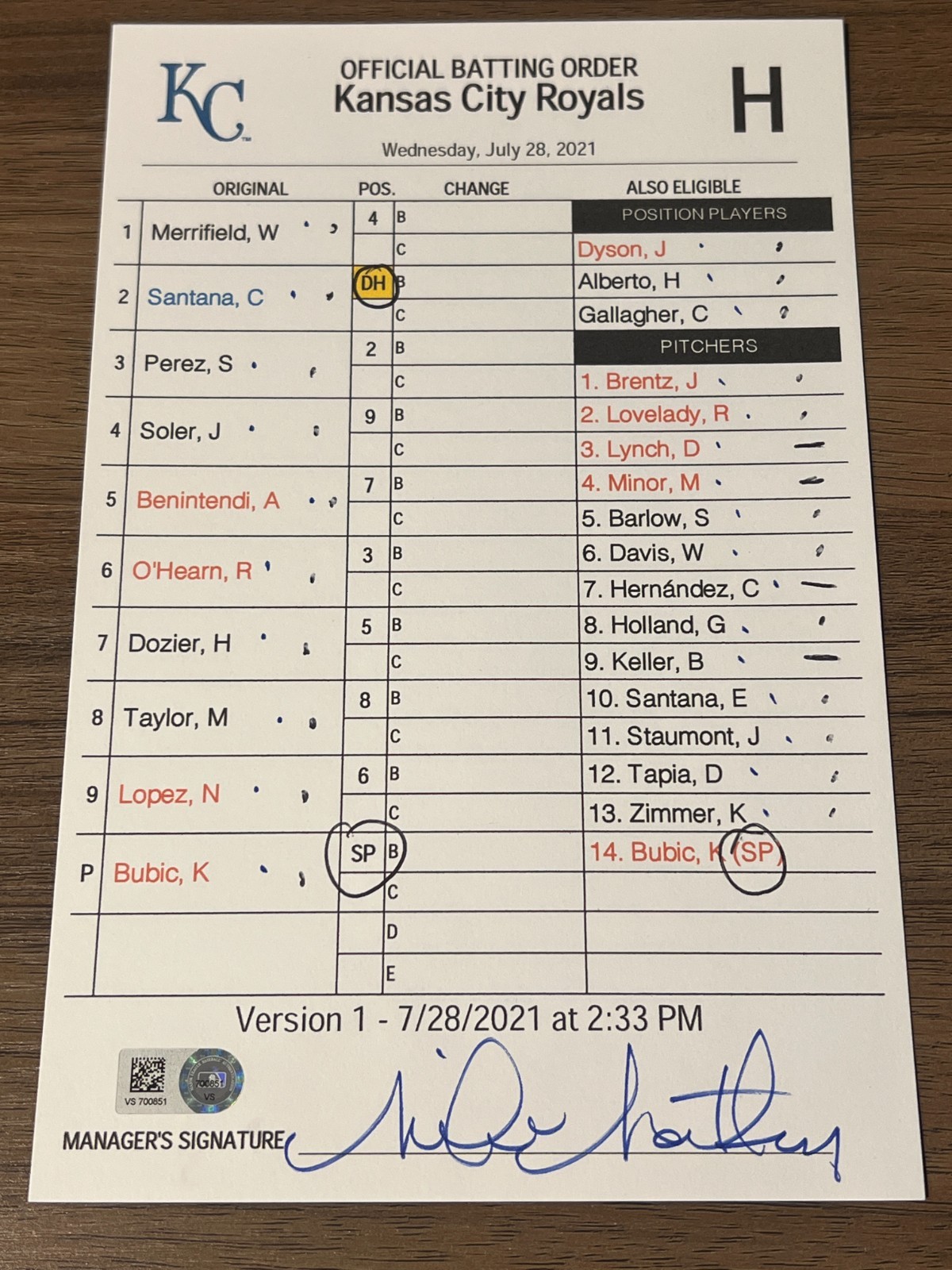 2021 GAME USED KANSAS CITY ROYALS BASEBALL UMPIRE LINE UP CARD 7/28 BUBIC